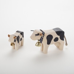 Vache (10 cm) et veau noir en bois