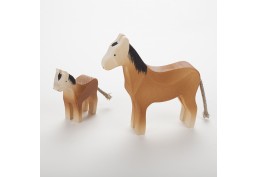 Cheval (12 cm) et poulain marron en bois