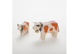 Vache (10 cm) et veau marron en bois