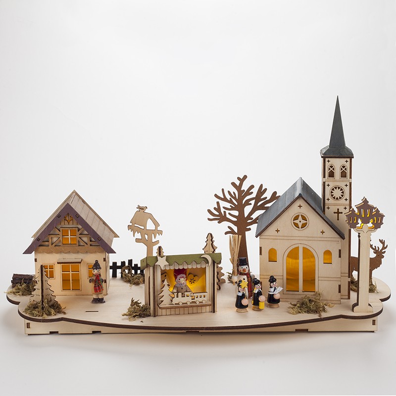 village de noel illumine en bois