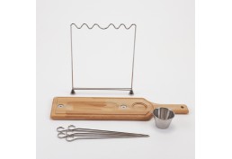 Support en hêtre huilé démonté avec 5 brochettes et pot pour sauce en inox