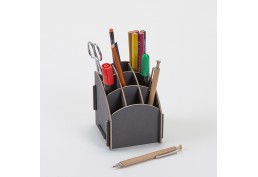 Porte crayons pratique et robuste gris avec 9 compartiments en bois