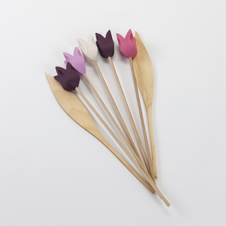 Bouquet tulipes en bois 5 fleurs violines